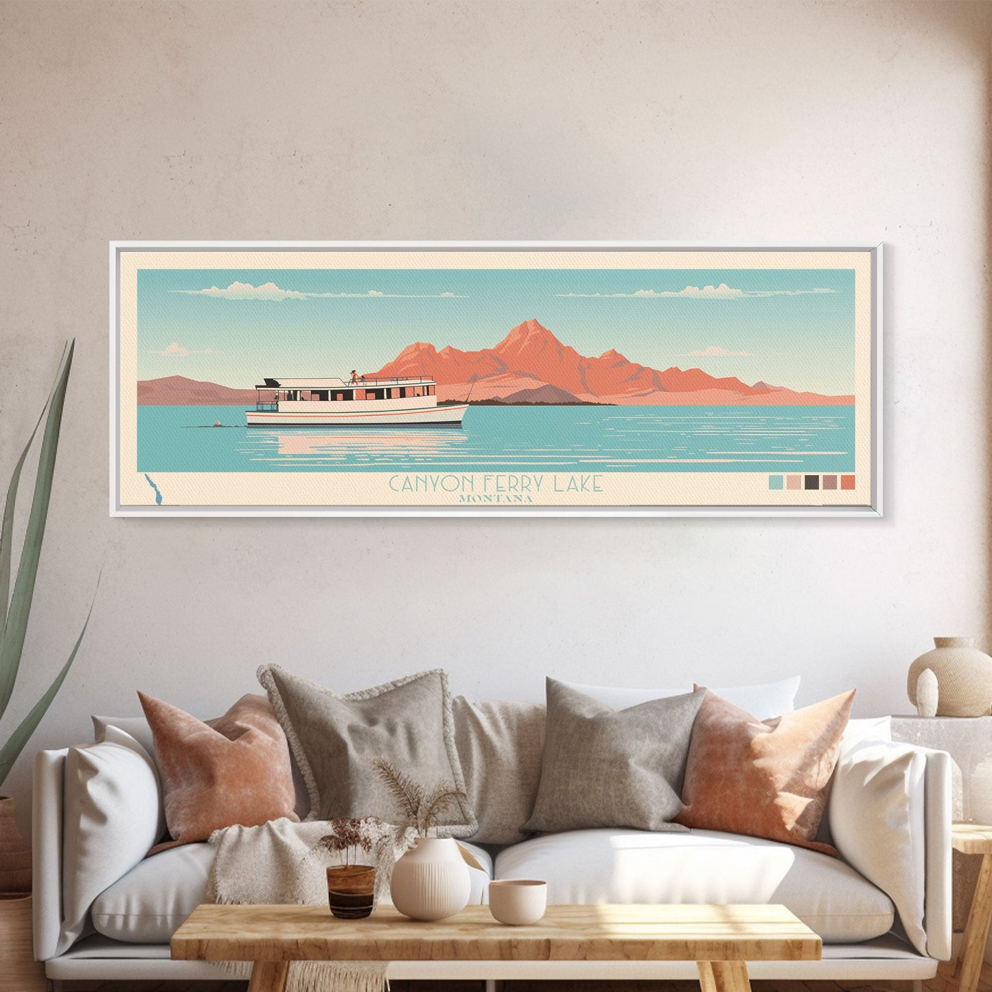 Canyon Ferry Lake Montana Framed Canvas Print, Pop Art Panoramic Travel Poster, Bedroom Decor, Midcentury Modern, Wall Art, Scenic Lake House, Nature Art