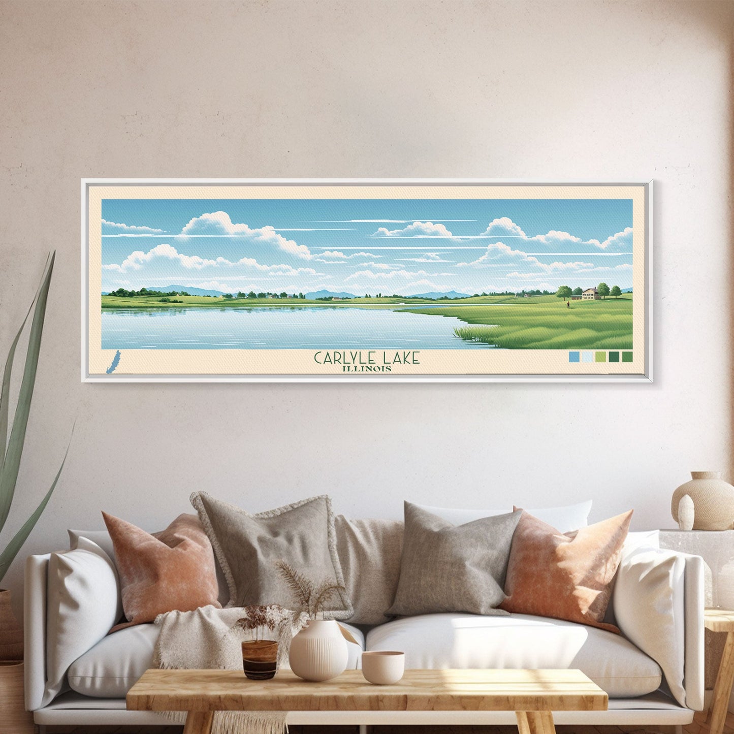 Carter Lake Nebraska Framed Canvas Print, Midcentury Modern Panoramic Wall Art, Living Room Decor, Pop Art, Travel Poster Art, Scenic Nature Painting, Lake House Decor