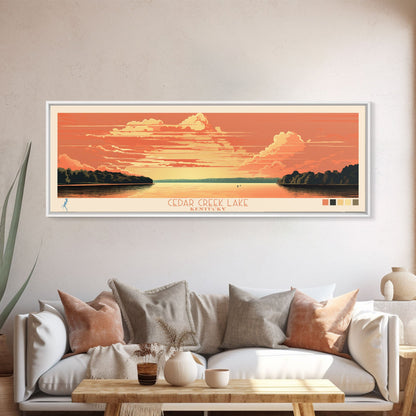 Cedar Creek Lake Kentucky Framed Canvas Print, Midcentury Modern Panoramic Wall Art, Living Room Decor, Pop Art, Travel Poster Art, Scenic Nature Painting, Lake House Decor