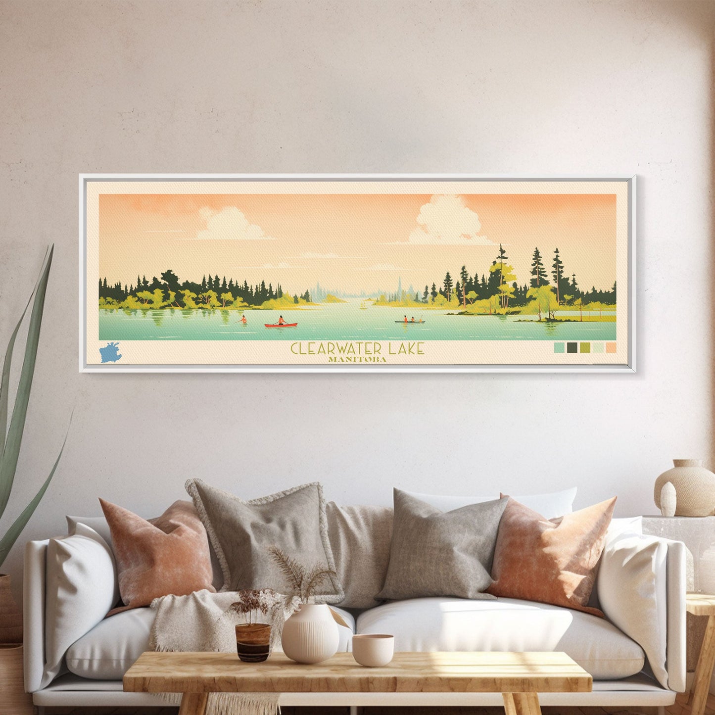 Clearwater Lake Manitoba Framed Canvas Print, Midcentury Modern Panoramic Wall Art, Living Room Decor, Pop Art, Travel Poster Art, Scenic Nature Painting, Lake House Decor