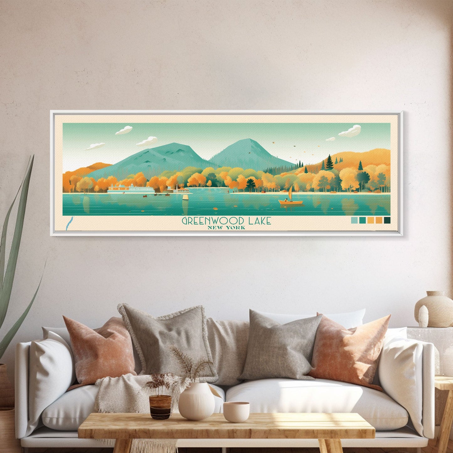 Greenwood Lake New York Framed Canvas Print, Panoramic Art, Midcentury Modern, Pop Art, Bedroom Decor, Travel Poster, Lake House Decor