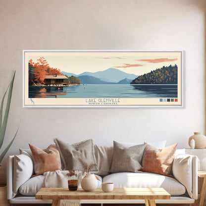 Lake Glenville North Carolina Framed Canvas Print, Panoramic Art, Midcentury Modern, Pop Art, Living Room Wall Art, Travel Poster, Lake House Decor