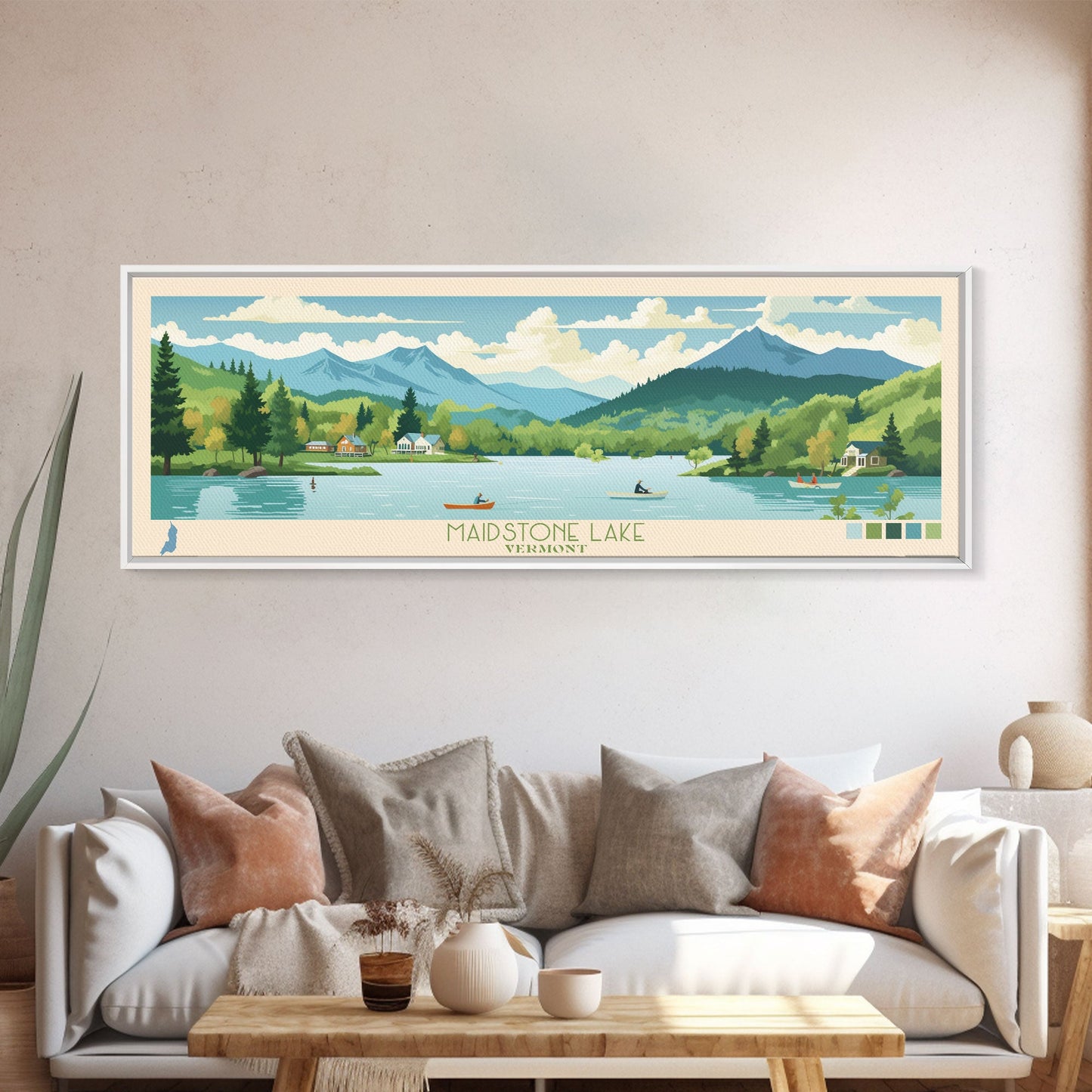 Panorama-Wandbild „Maidstone Lake, Vermont“ – gerahmter Leinwanddruck im Midcentury-Modern-Stil, Pop-Art-Stil, Wohndekoration, Reiseposter, Schlafzimmerkunst