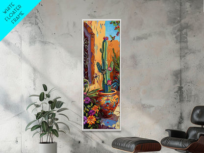 Colorful Canvas Painting of Cactus Framed, Botanical Wall Art Print, Spanish Inspired Canvas Painting, Long and Narrow Living Room Wall Art