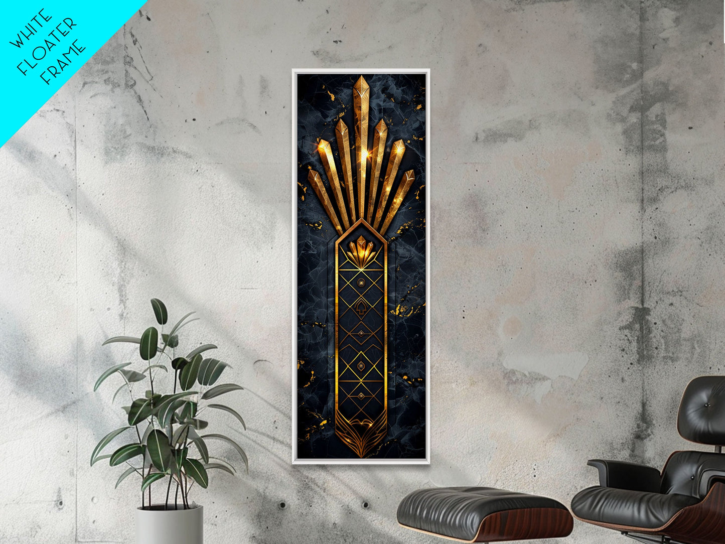 Gold Geometric Art Deco Pattern on Black Background - Framed Canvas Print, Midcentury Modern Art, Skinny Art, Tall Art, Living Room Wall Decor