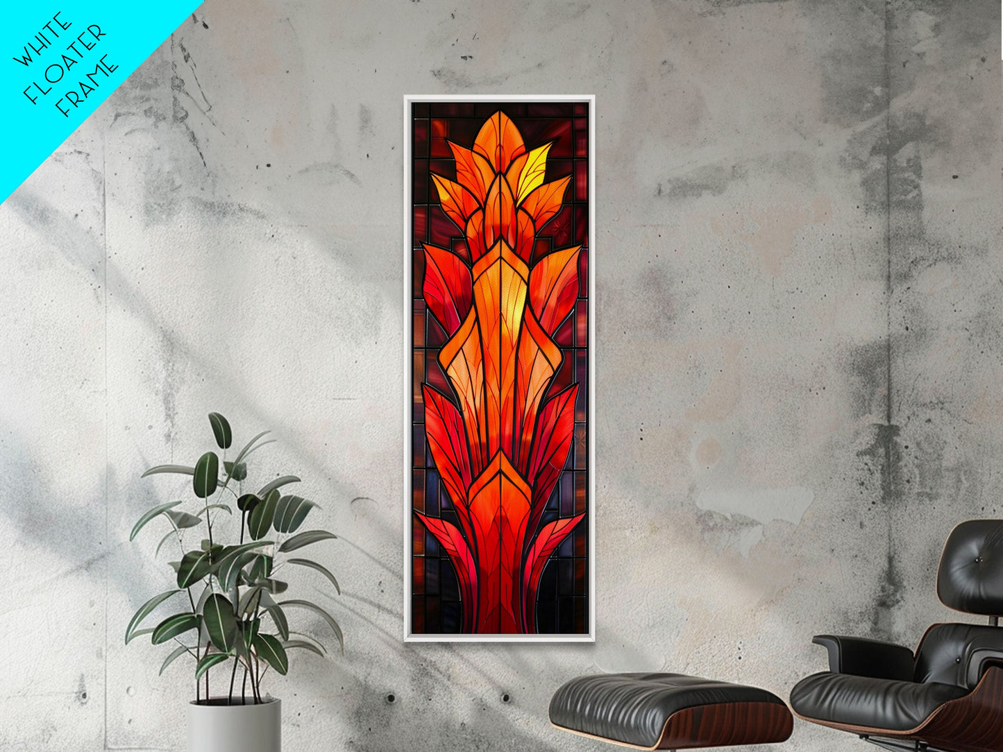 Red and Orange Floral Stained Glass Design - Framed Canvas Print, Midcentury Modern Art, Skinny Art, Tall Art, Living Room Wall Decor, Boho Art