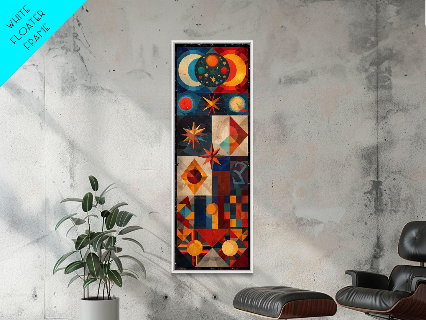 Geometric Cosmic Design in Red and Blue Tones - Framed Canvas Print, Midcentury Modern Art, Skinny Art, Tall Art, Living Room Wall Decor, Boho Art