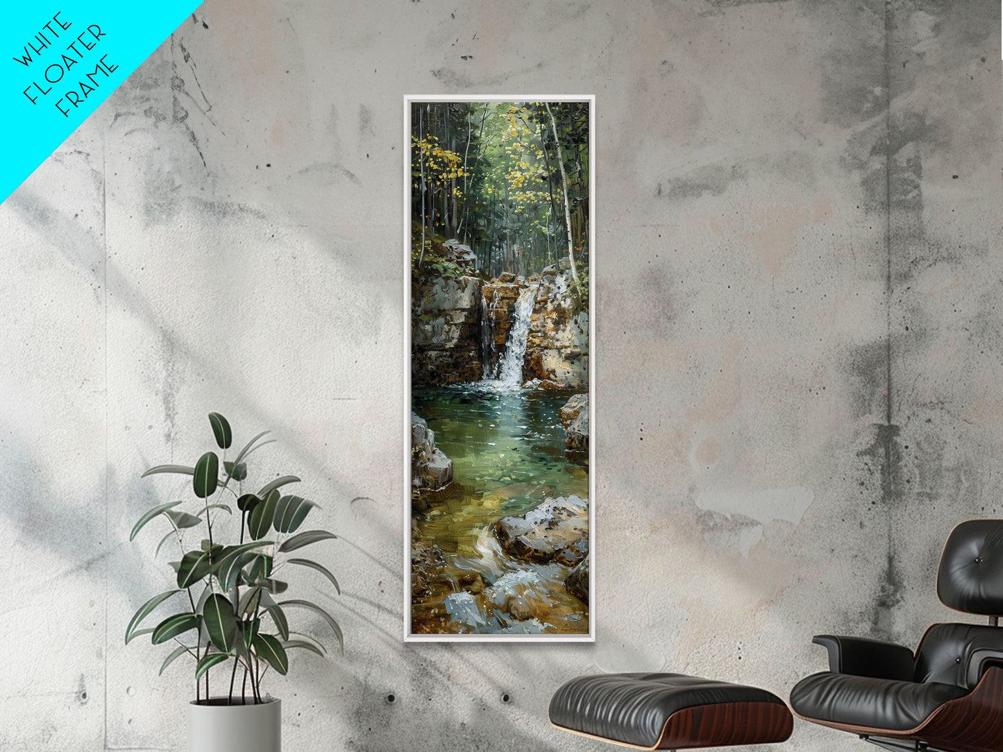 Framed Canvas Print Skinny Art of a Serene Waterfall Cascading into a Tranquil Pool in a Lush Forest Landscape, Perfect Tall Art for Nature Lovers