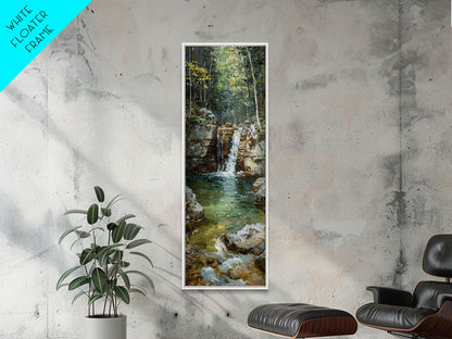 Framed Canvas Print Skinny Art of a Serene Waterfall Cascading into a Tranquil Pool in a Lush Forest Landscape, Perfect Tall Art for Nature Lovers