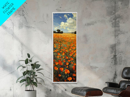 Expansive Poppy Field Under a Bright Blue Sky on a Framed Canvas Print Skinny Art Piece