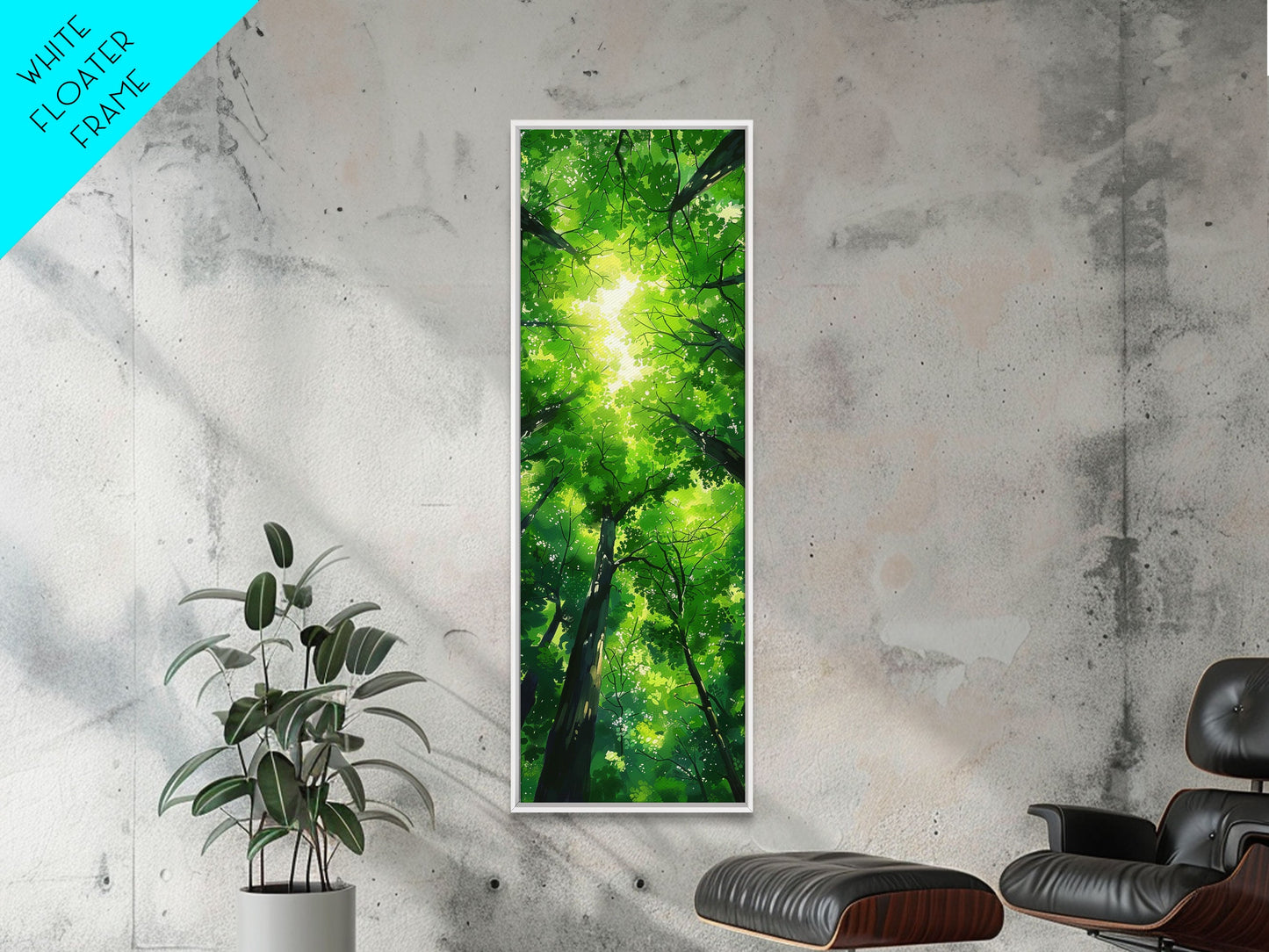 Lush Green Forest Canopy View as Tall Skinny Art Framed Canvas Print for Relaxing Wall Decor in Homes or Offices