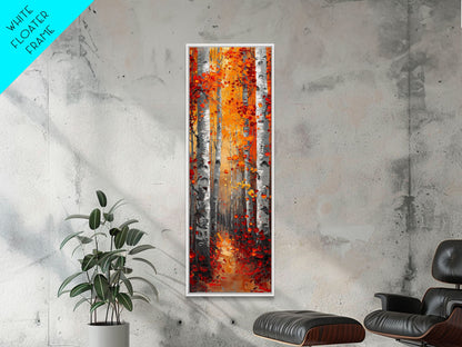Fall Birch Tree Forest, Framed Canvas Print, Skinny / Tall Wall Art, Living Room Decor, Landscape Painting, Nature Decor
