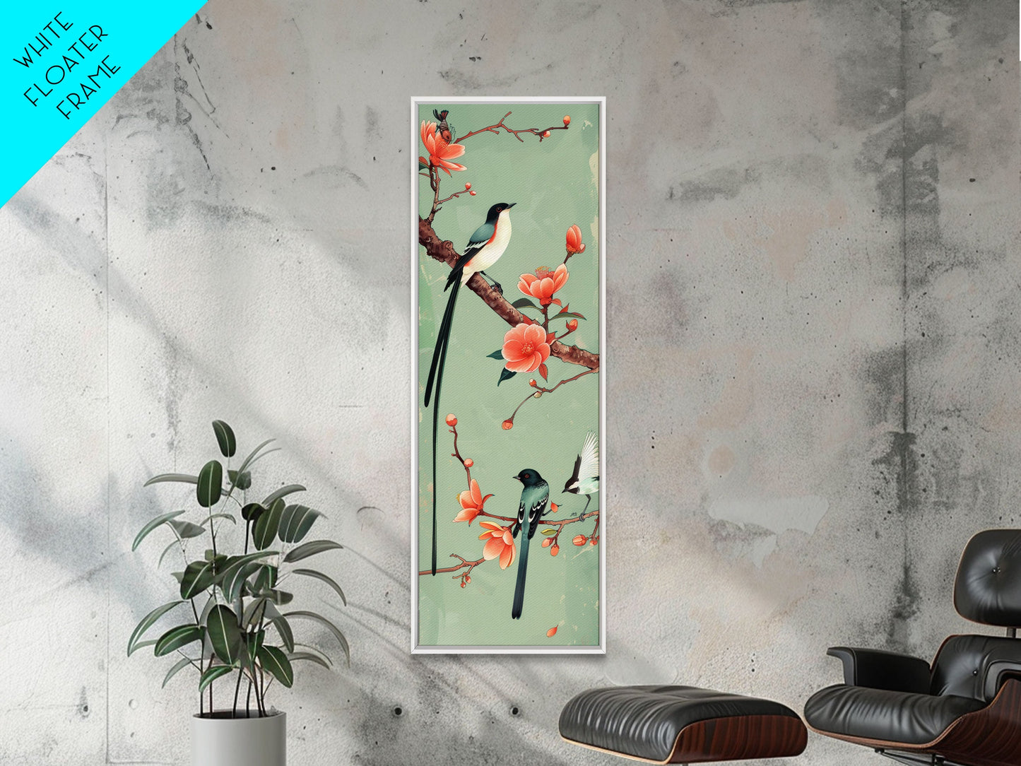 Elegant Birds on Branches Skinny Art Tall Art Japanese Ukiyo-e Inspired Bird and Nature Framed Canvas Print
