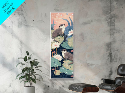 Playful Otters Amidst Lily Pads on Japanese-Inspired Tall Vertical Canvas Print Perfect for Nature-Inspired Wall Decor