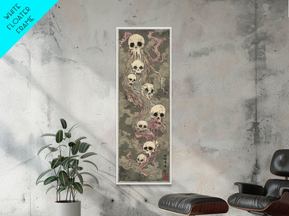 Hauntingly Beautiful Floating Skulls on Tall Vertical Canvas Print Featuring Japanese Ghostly Art in Eerie Style
