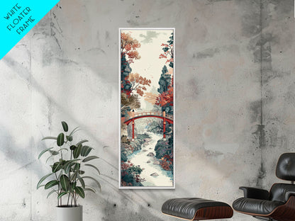 Traditional Japanese Skinny Art of Autumn Bridge in Serene Landscape with Fall Foliage – Framed Canvas Print