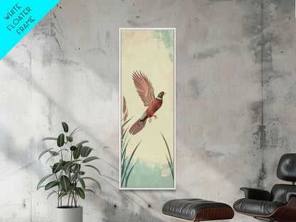 Japanese Skinny Art of Pheasant in Flight with Graceful Wings and Earthy Tones – Framed Canvas Print