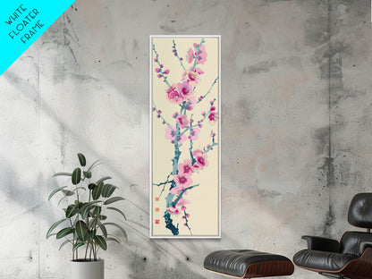 Plum Blossom Branch in Japanese Skinny Art with Delicate Pink Flowers – Framed Canvas Print
