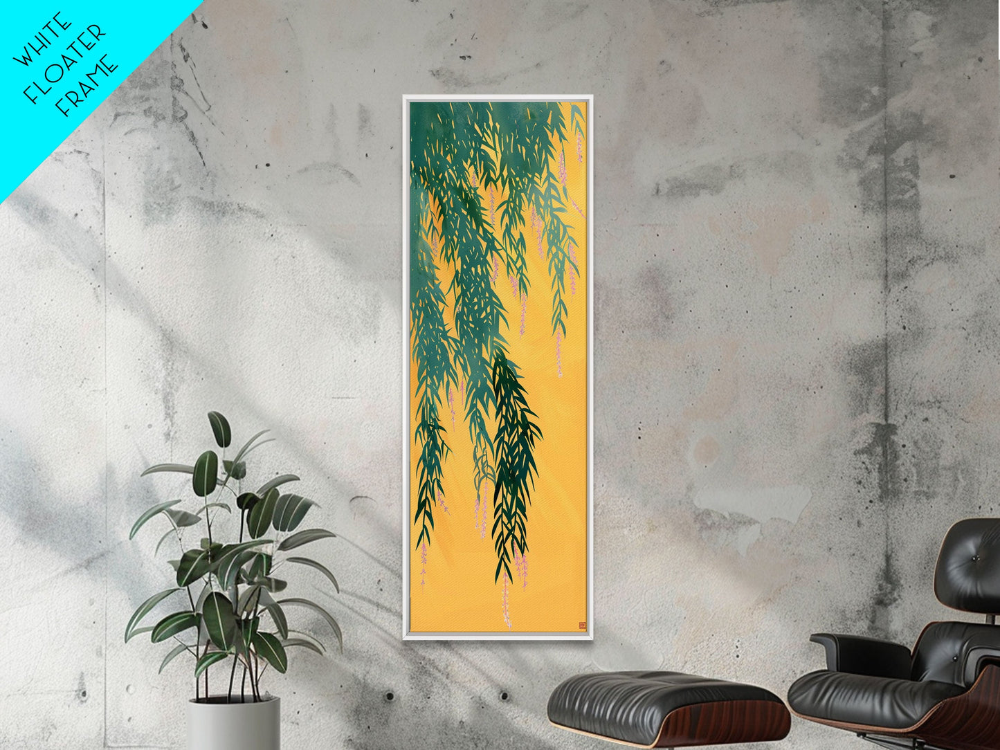 Japanese Skinny Art of Wisteria Hanging Over a Golden Background – Framed Canvas Print