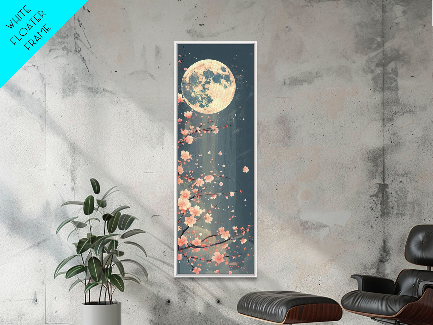 Full Moon with Cherry Blossom Ukiyo-e Art, Framed Canvas Print Perfect for Skinny and Tall Spaces, Japanese Style Art