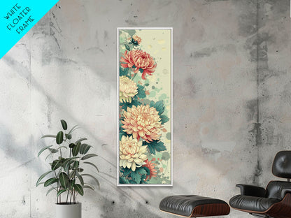 Chrysanthemums in Traditional Japanese Art, Ukiyo-e Style Framed Canvas Print Perfect for Tall and Skinny Spaces