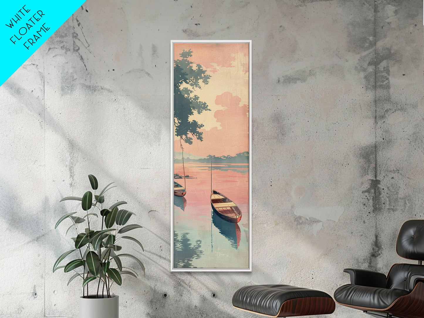 Serene Boat on Water, Autumn Trees, Japanese Art, Skinny Art, Tall Art, Framed Canvas Print, Ukiyo-e Style