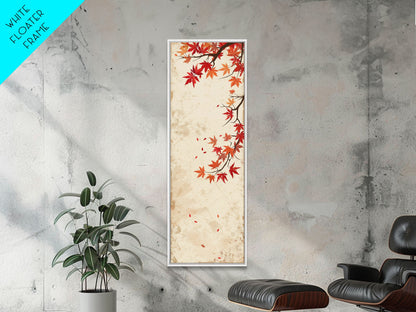Skinny Art Maple Branch In Japanese Style Wood Block Print Autumn Leaves On Framed Canvas Print, Tall Art Ukiyo-e