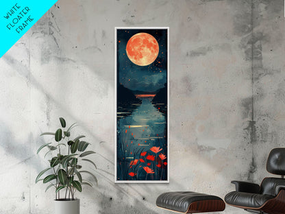 Skinny Art Full Moon Over Lake In Japanese Style Wood Block Print Vibrant Night Scene On Framed Canvas Print, Tall Art Ukiyo-e