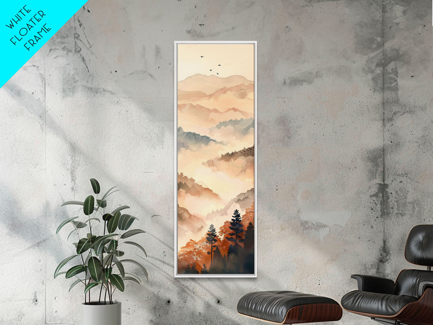 Skinny Art Tall Art Framed Canvas Print Layers Of Misty Mountains In Soft Warm Hues Ukiyo-e Japanese Style Art Wood Block Print