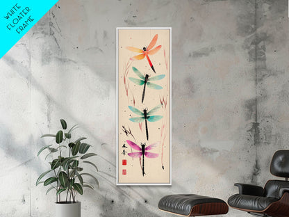 Dragonflies In Flight With Delicate Details Japanese Style Framed Canvas Print, Wall Art Ready To Hang For Nature Lovers