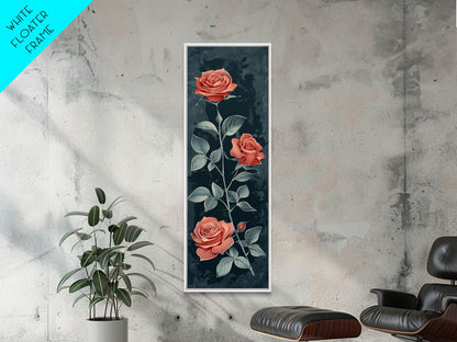Deep Red Roses With Dark Green Foliage Skinny Art Tall Art Framed Canvas Print Japanese Style Art Ukiyo-e Art Wood Block Print Elegant Floral