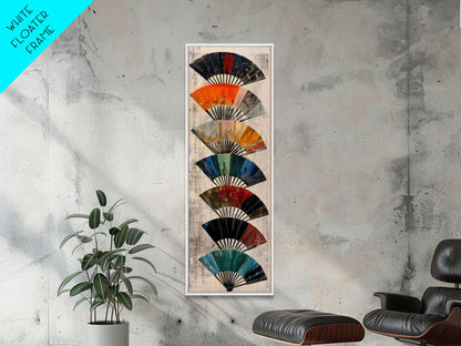 Seven Japanese Fans In Various Colors Arranged Vertically On A Textured Background, Skinny Art Tall Wall Art Framed Canvas Print Japanese Style Art