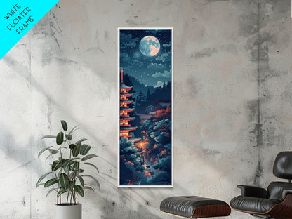 Peaceful Japanese Temple And Pagoda Under A Full Moon, Skinny Art Tall Wall Art Framed Canvas Print Japanese Style Art