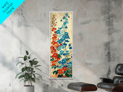 Delphinium Flowers Japanese Garden Art In Traditional Ukiyo-e Style Framed Canvas Print Tall Skinny Wood Block Floral Wall Decor