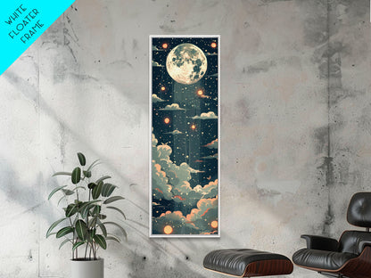 Moonlit Night With Japanese Lanterns Art On Framed Canvas Print In Ukiyo-e Style Tall Skinny Ethereal Wood Block Wall Decor
