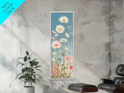 White Daisies Blossoms Japanese Tall Wall Art Blue Background Skinny Framed Canvas Print Ukiyo-e Style