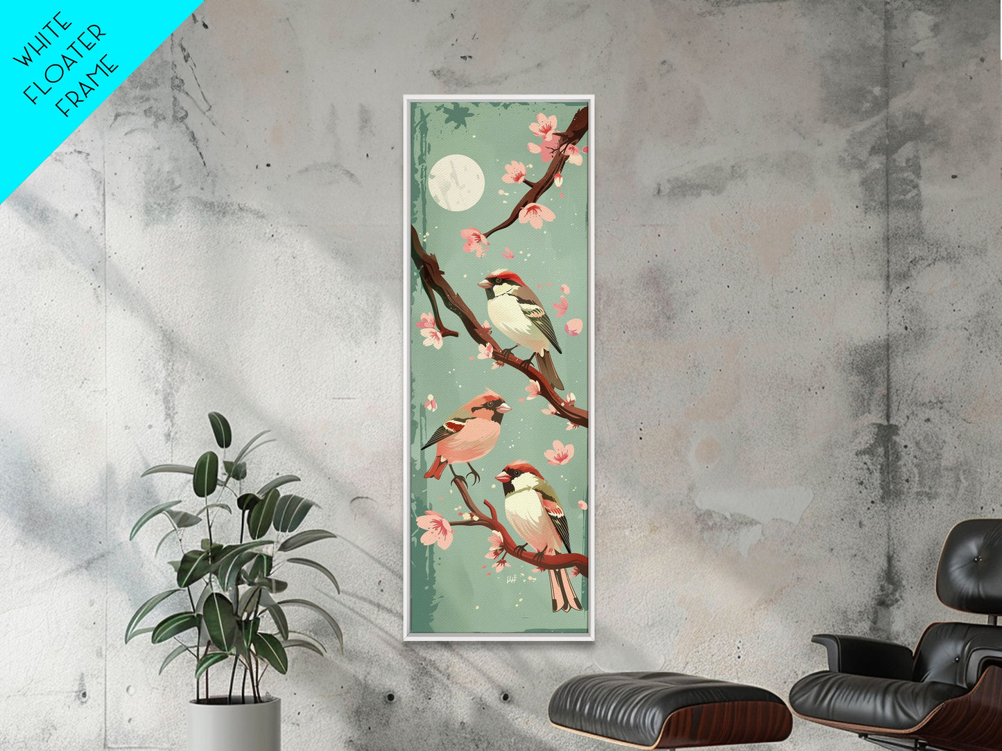 Delicate Sparrows Perched On Cherry Blossoms Under Full Moon Serene Nighttime Setting Captured Tall Framed Canvas Print Nature Scene