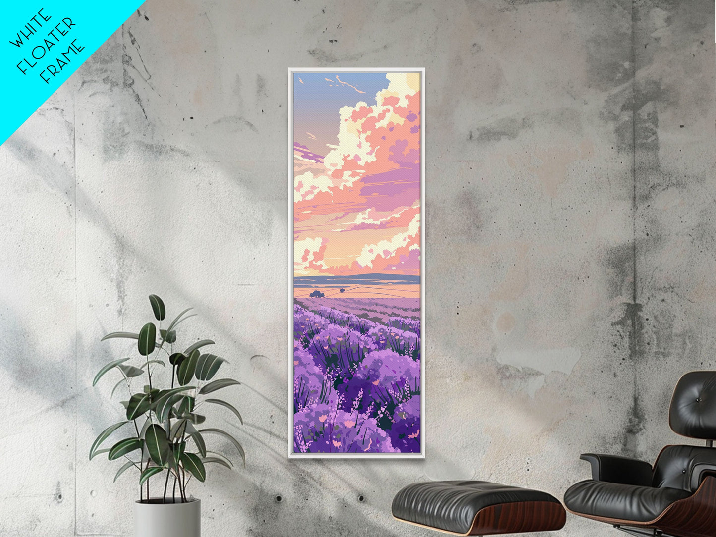 Expansive Lavender Field Beneath a Dramatic Cloudy Sky in Warm Pastel Hues Ukiyo-e Art Japanese Framed Canvas Print Skinny Tall Art