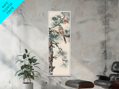 Canvas Print Sparrow Perched On Pine Tree Branch, Subtle And Serene Japanese Nature Scene For Tranquil Home Decor, Wall Decoration