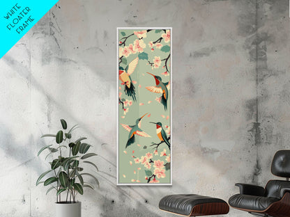 Hummingbirds And Cherry Blossoms In Japanese Style Canvas, Ukiyo-e Inspired Woodblock Art, Framed Canvas Print, Japanese Tall Skinny Wall Art, Ready To Hang