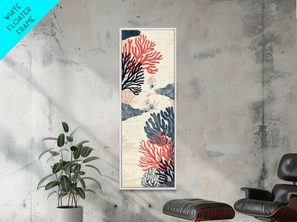 Skinny Art, Tall Art, Japanese Style Art, Coral Reef Wood Block Print Framed Canvas Print Ukiyo-e Art