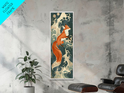 Japanese Style Art Depicting A Fox In Motion Against A Backdrop Of Foamy Waves, Skinny Art, Tall Art, Ukiyo-e Art, Framed Canvas Print, Wood Block Print