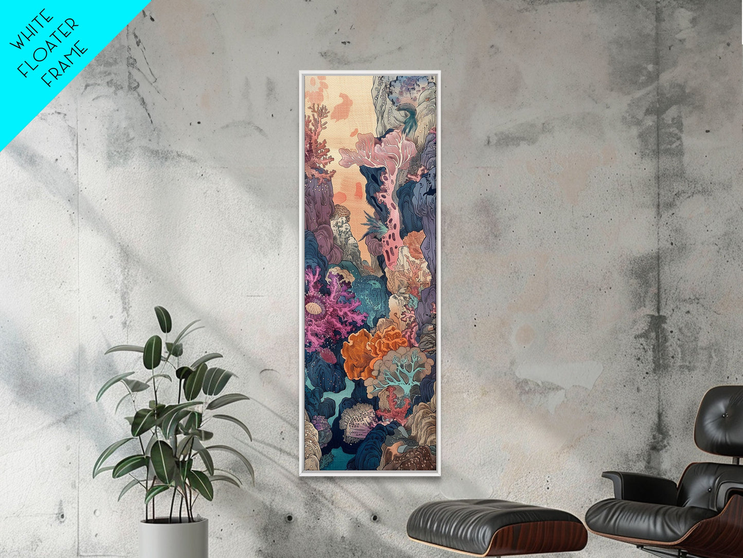 Framed Canvas Print Of A Coral Reef Scene Filled With Vibrant Marine Life, Skinny Art, Tall Art, Japanese Style Art, Ukiyo-e Art, Wood Block Print