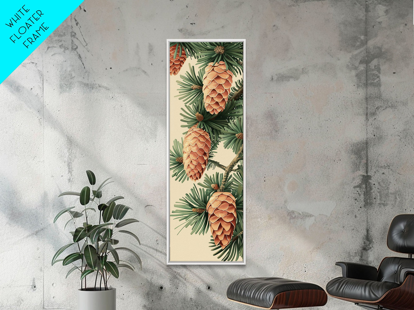 Pinecones And Green Pine Needles Detailed Wood Block Print Skinny Art Framed Canvas Print