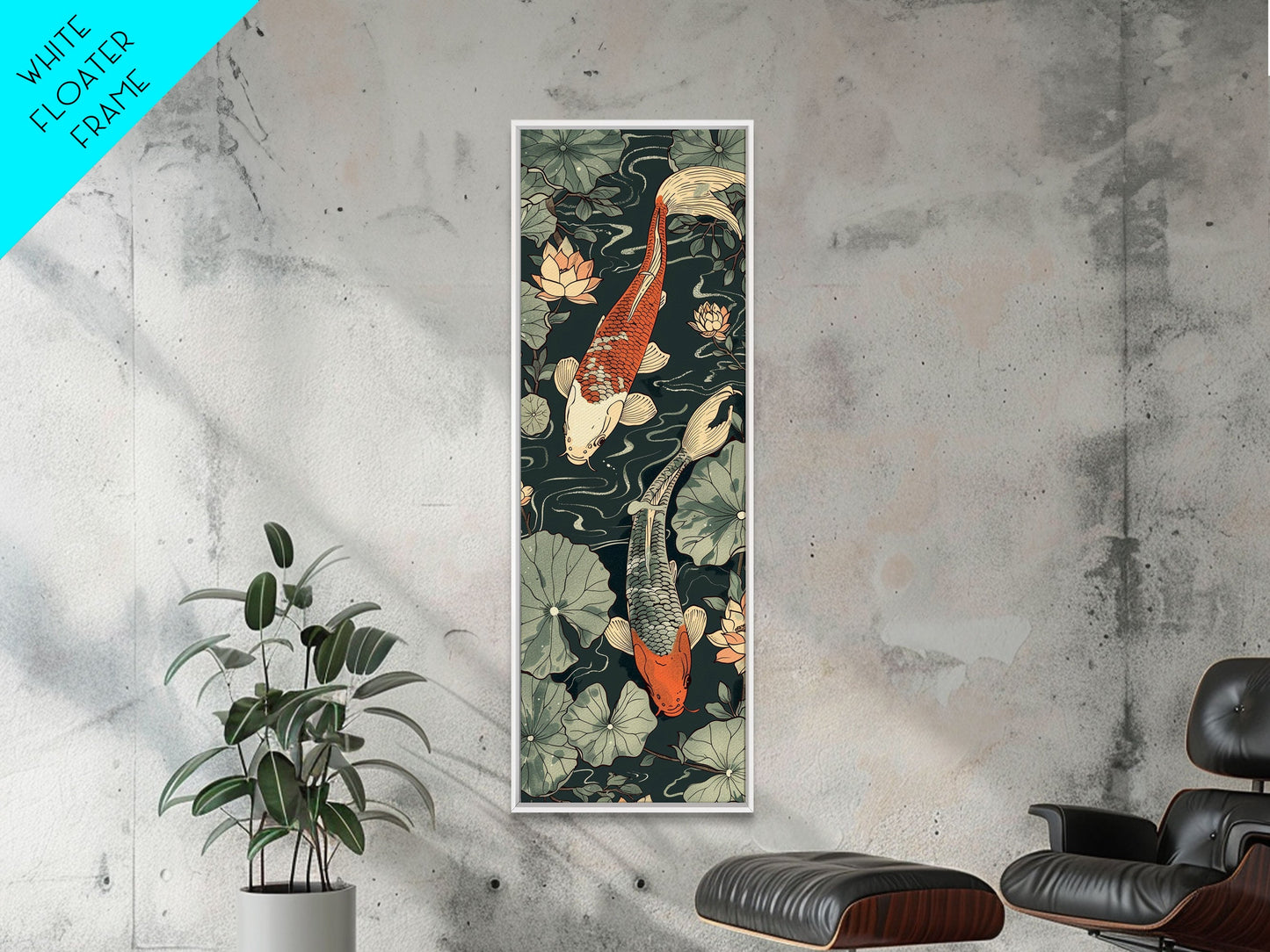 Koi Fish Swimming Gracefully Among Lotus Flowers – Framed Canvas Print Highlighting Skinny Art And Tall Art In Ukiyo-E Art And Japanese Style Art