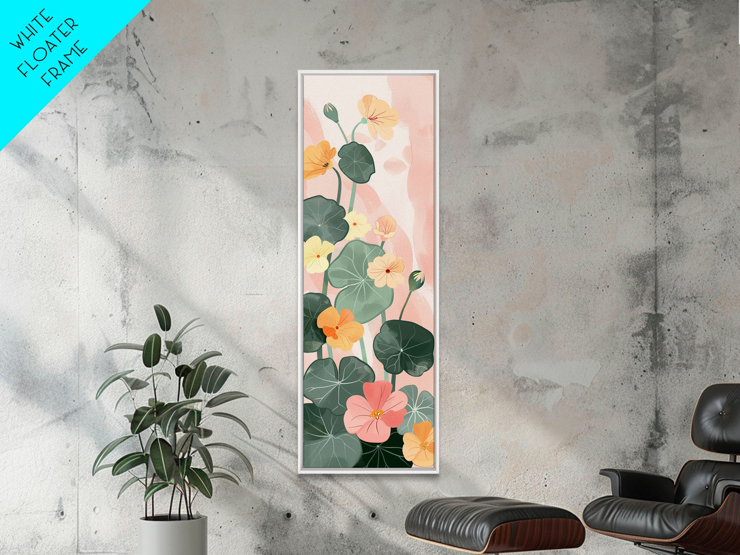 Bright And Colorful Nasturtium Flowers Ukiyo-e Style Tall Skinny Wood Block Japanese Art Framed Canvas Print