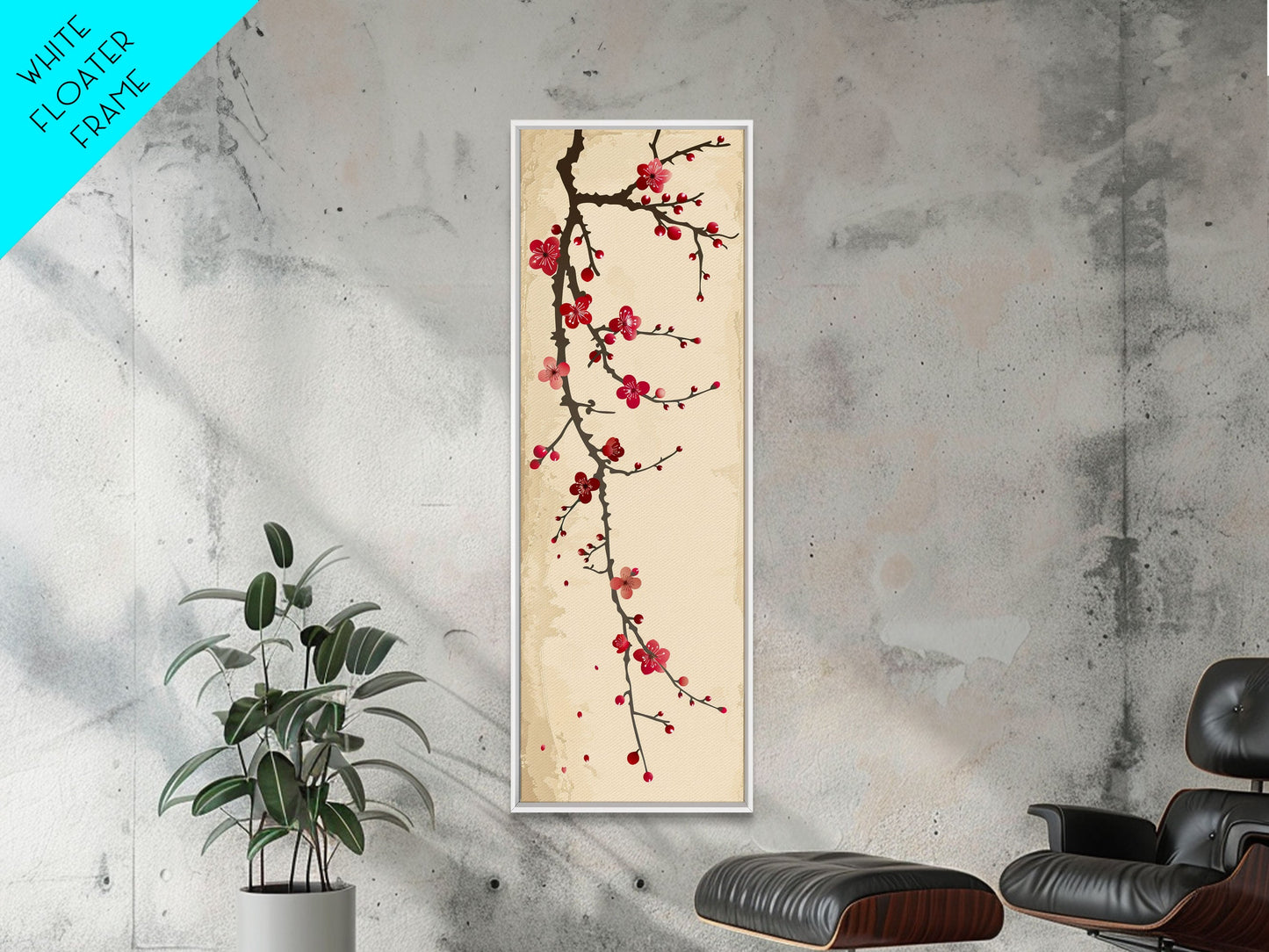 Minimalist Branch Of Red Cherry Blossoms Against Beige Background For Asian-Inspired Wall Art Decor Framed Canvas Print