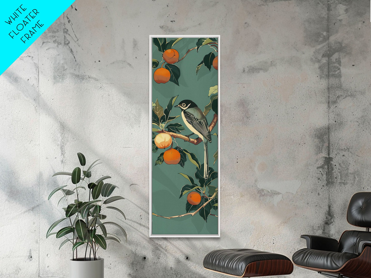 Elegant Bird Among Persimmons On A Green Canvas, Skinny Wall Art With Framed Canvas Print In Japanese Style Art For Feng Shui Decor