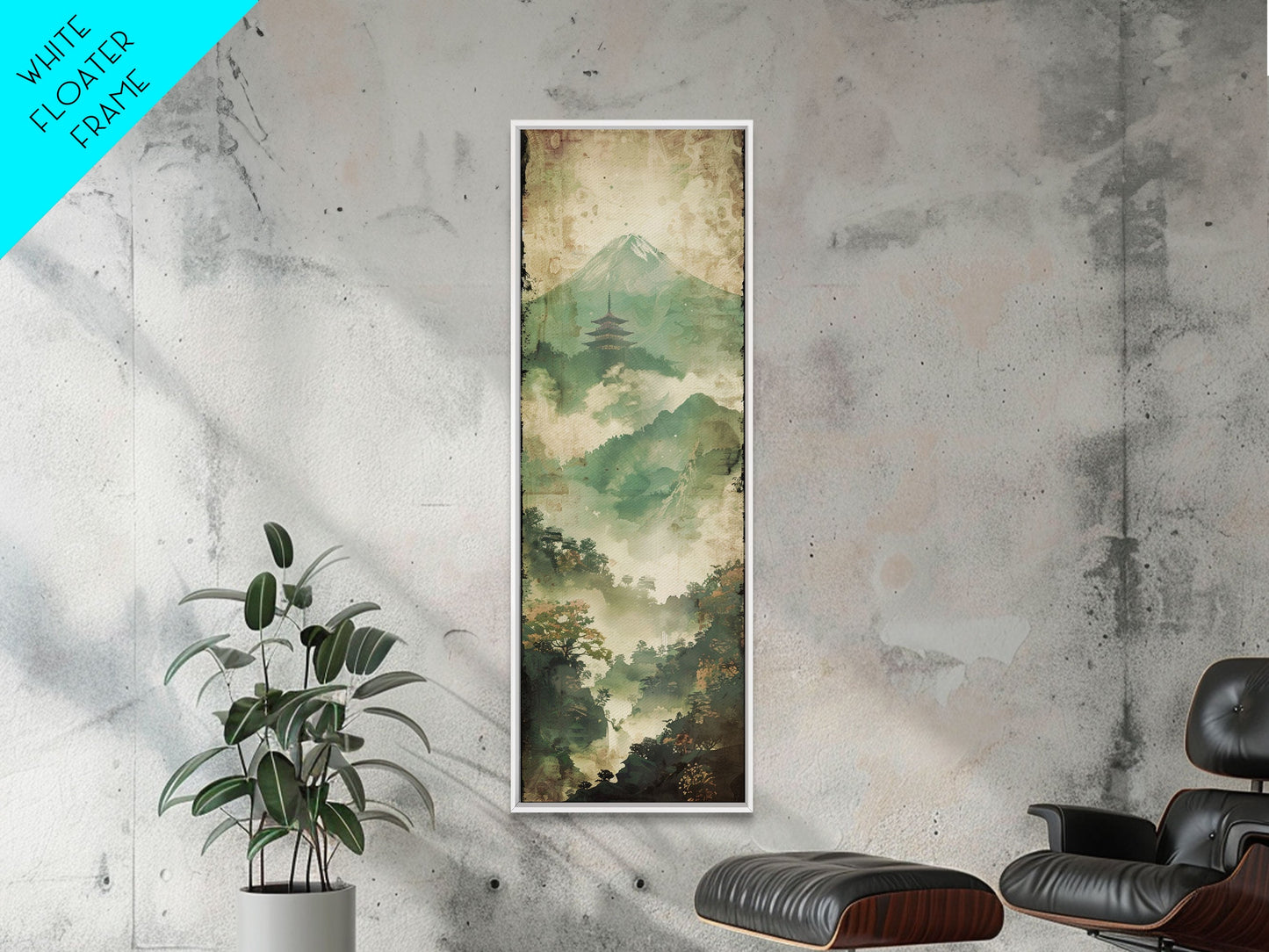 Skinny Art Tall Art Framed Canvas Print Japanese Style Art Foggy Mountain Temple Landscape Wood Block Print Ukiyo-e Feng Shui Wall Art