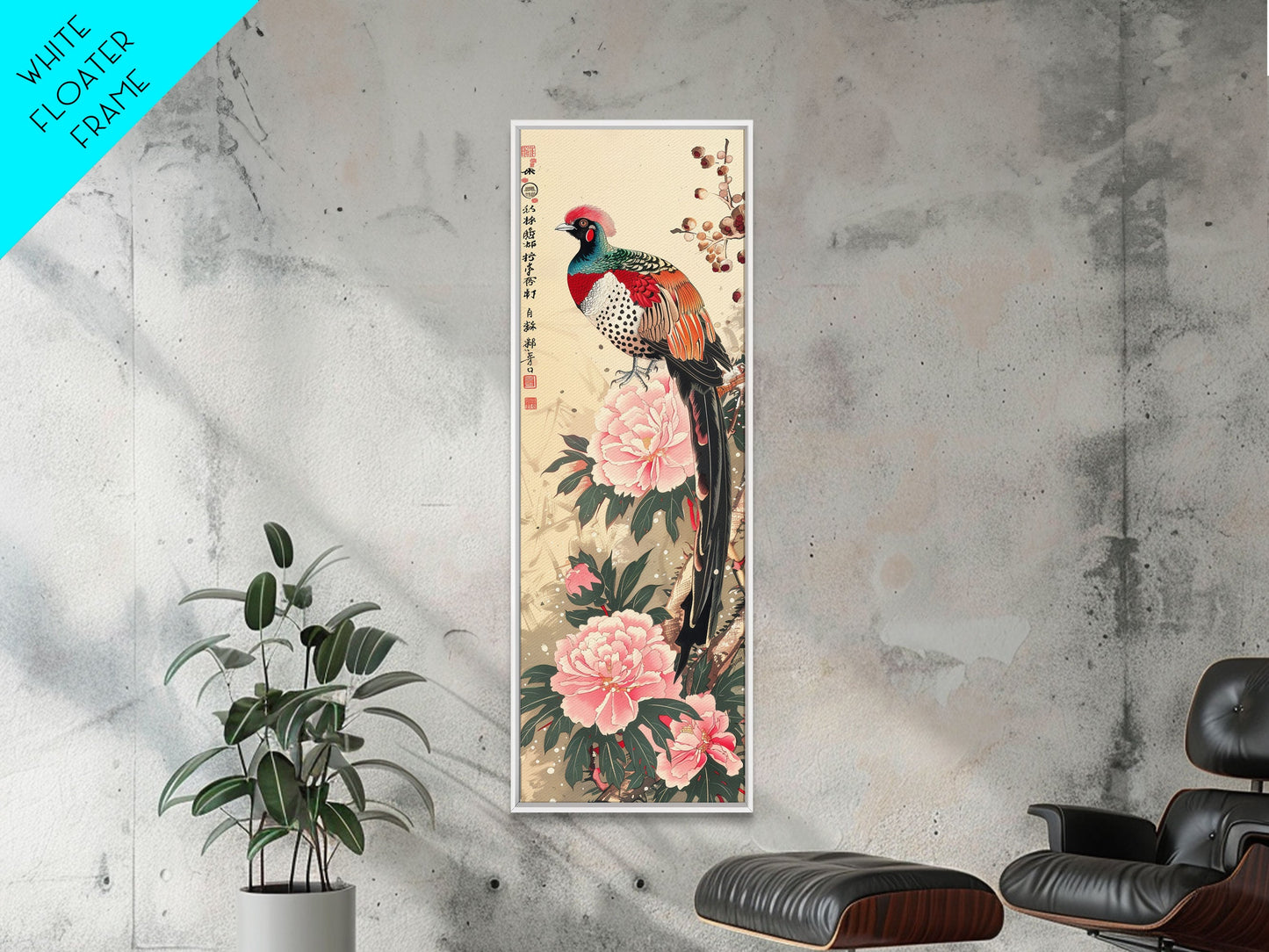 Majestic Pheasant Among Blossoms And Red Berries In Traditional Ukiyo-e Art Framed Canvas Print Japanese Style Skinny Art Tall Art